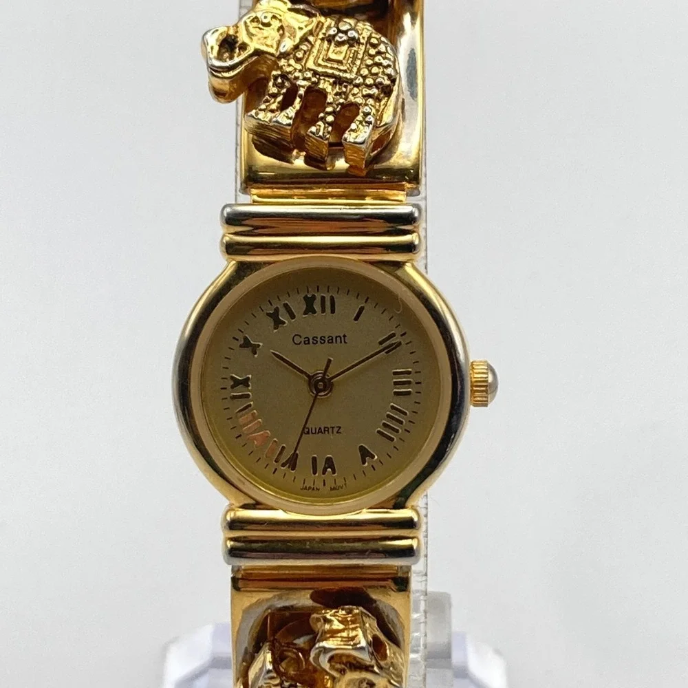 Cassant Womens Watch 22mm Gold Tone Elephant Slide Charms New Battery 6.75